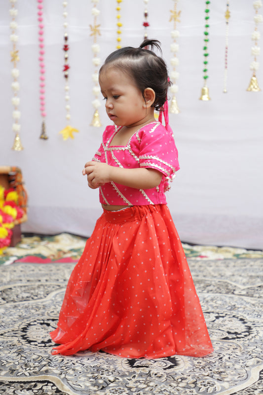 Pink-Orange Bandhani Skirt set