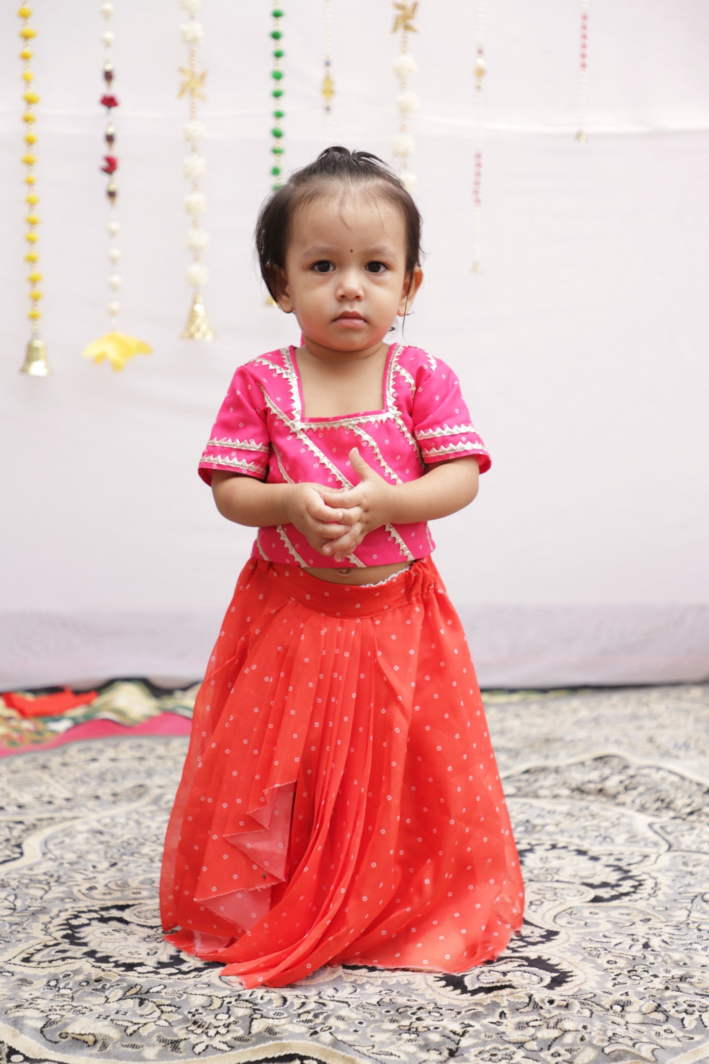 Orange Bandhani Pre-Draped Saree Twinning set