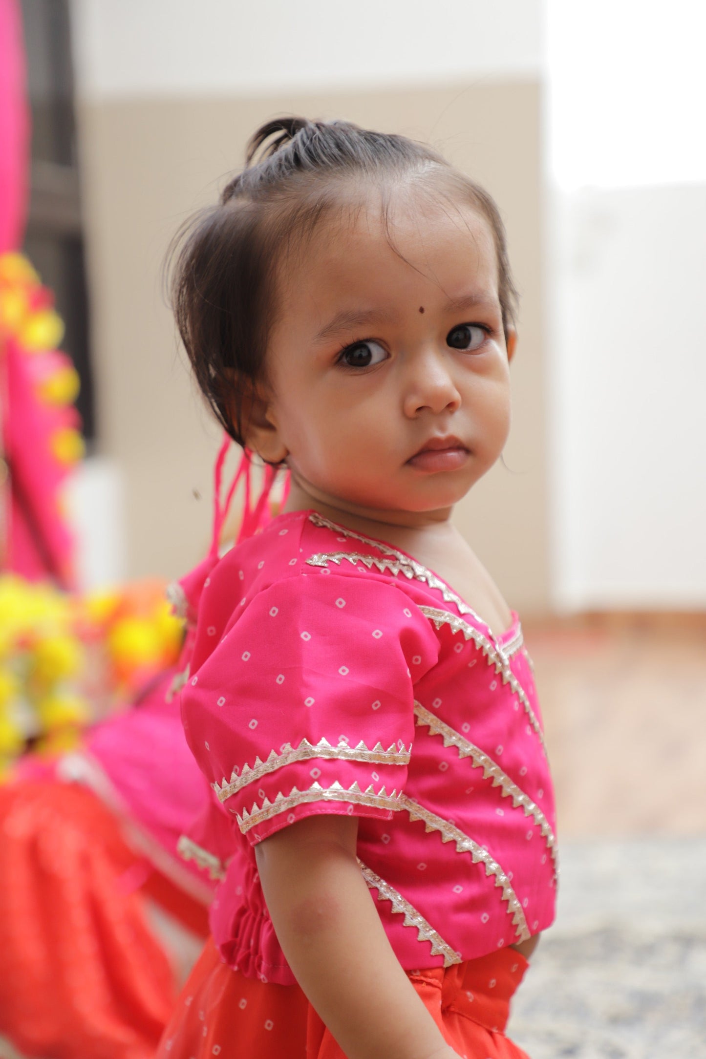 Pink-Orange Bandhani Skirt set