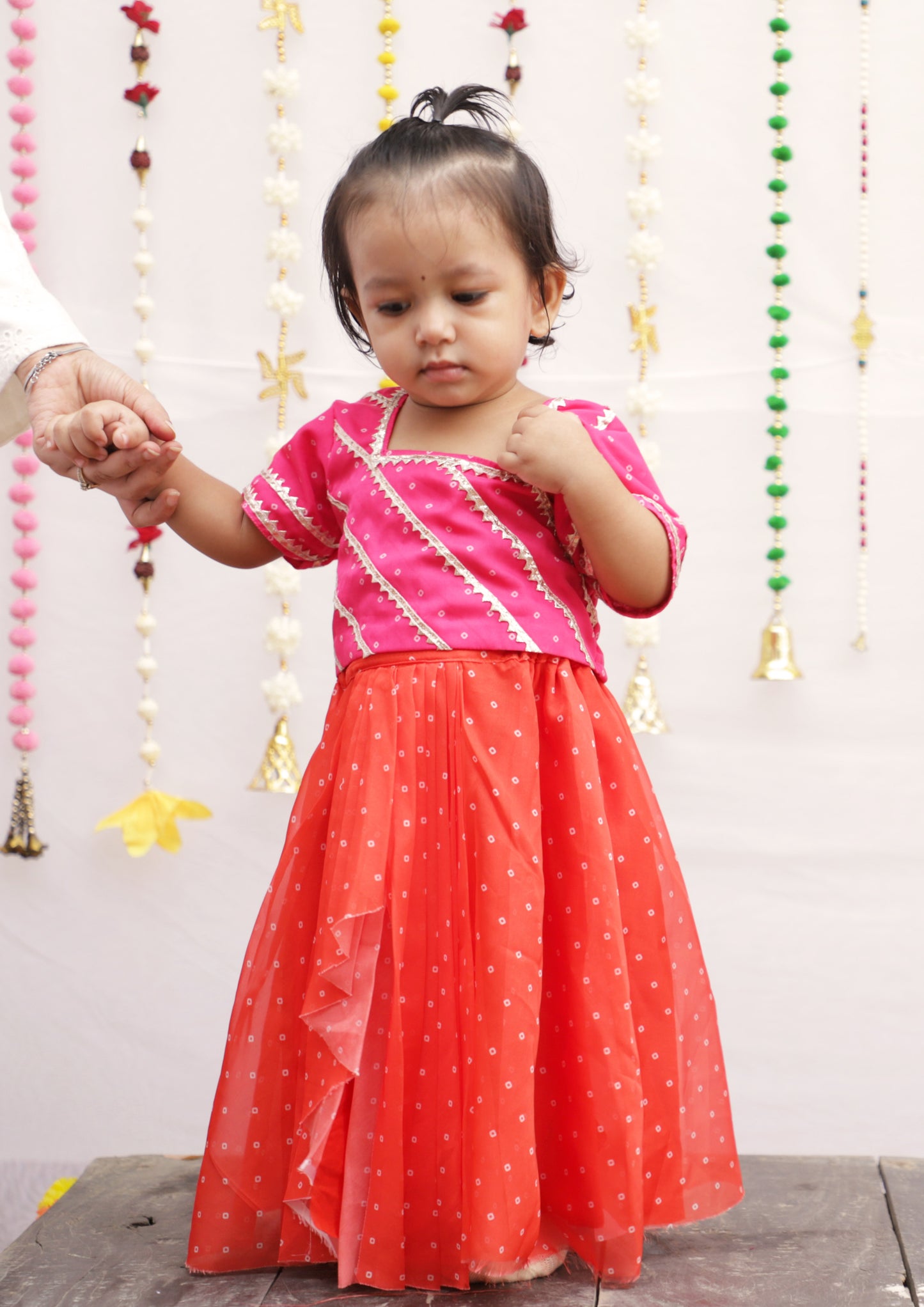 Pink-Orange Bandhani Skirt set