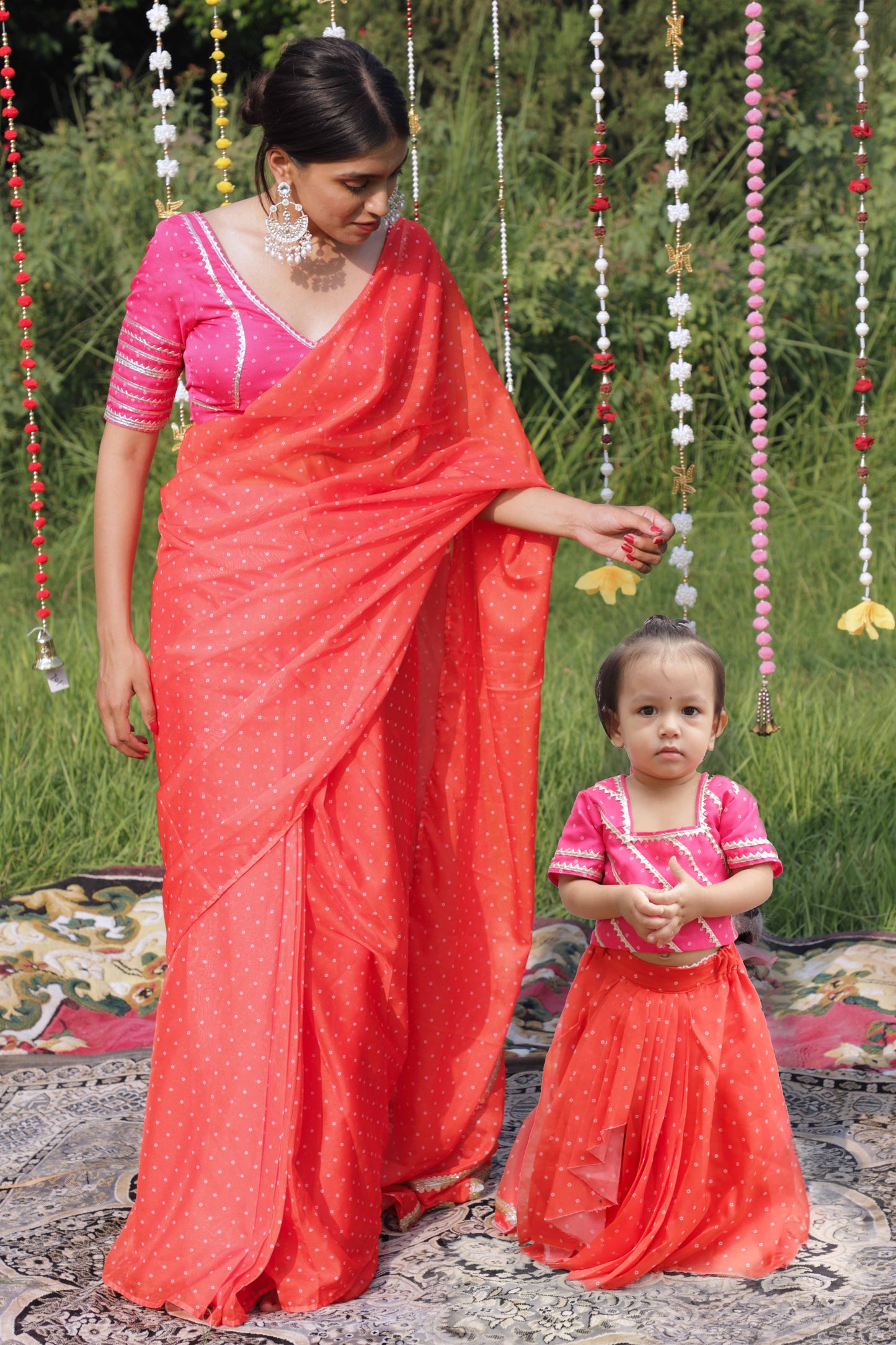 Orange Bandhani Pre-Draped Saree Twinning set