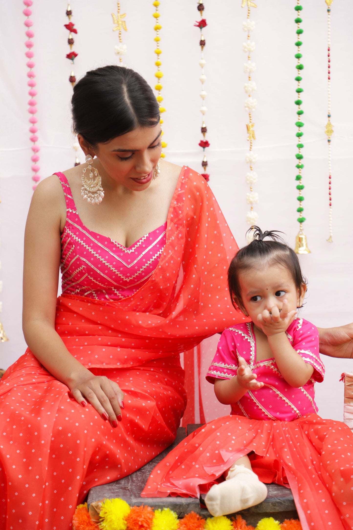 Orange Bandhani Pre-Draped Saree Twinning set