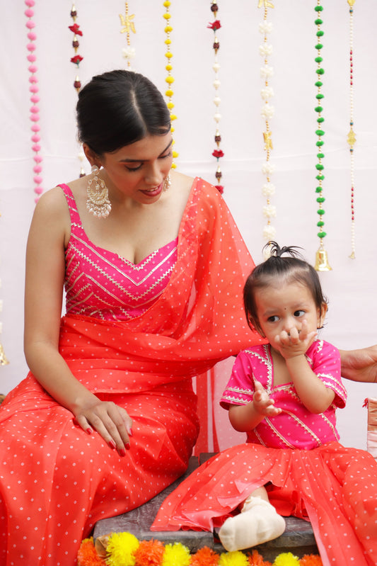 Orange Bandhani Pre-Draped Saree Twinning set