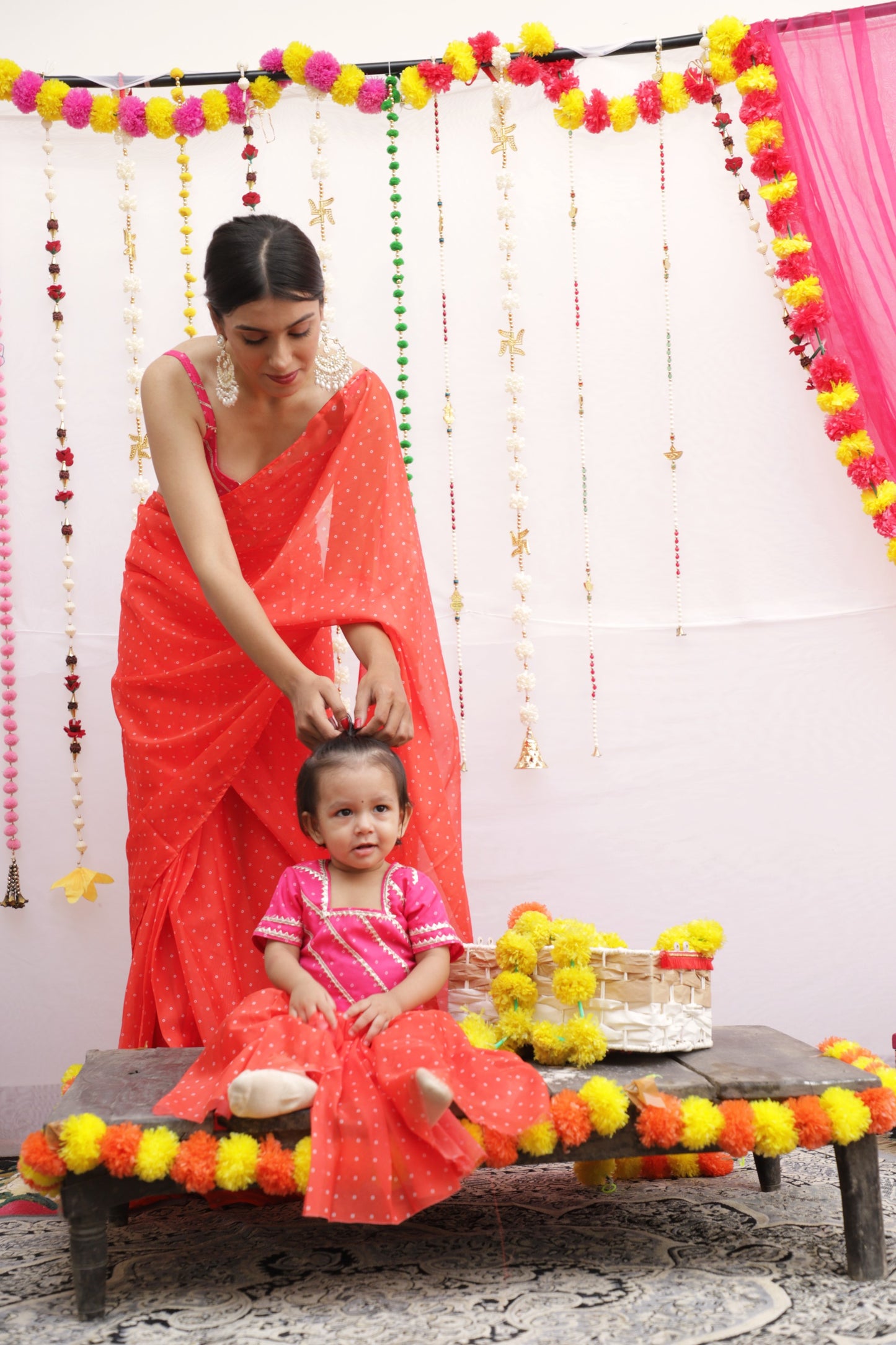 Orange Bandhani Pre-Draped Saree Twinning set