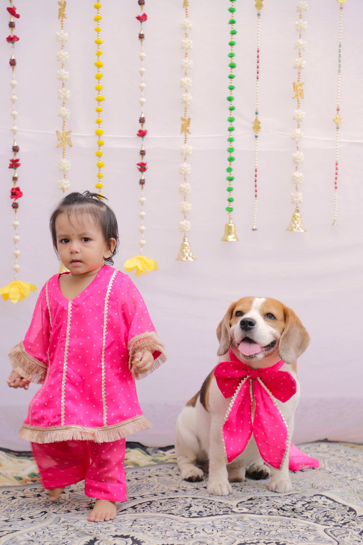 Pink Bandhani Bow Twinning set