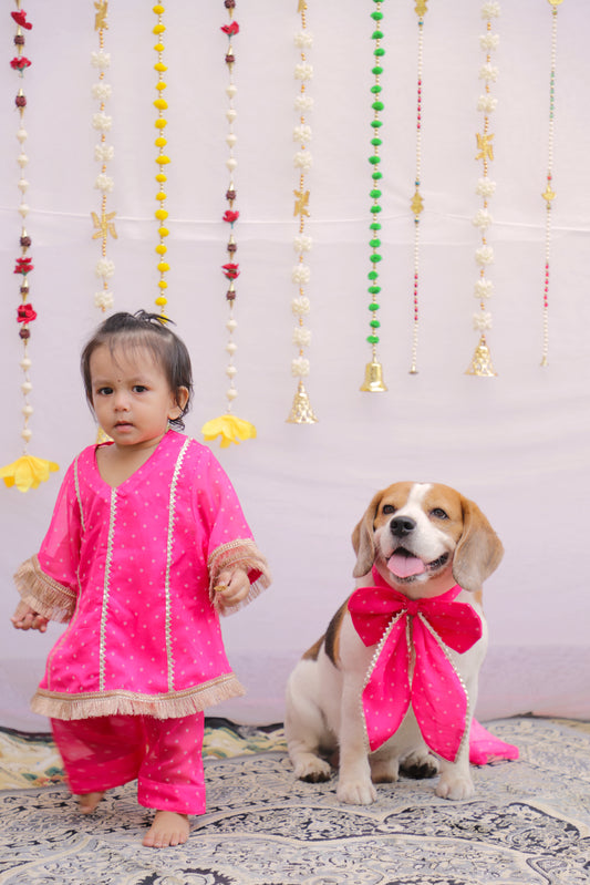 Pink Bandhani Bow Twinning set