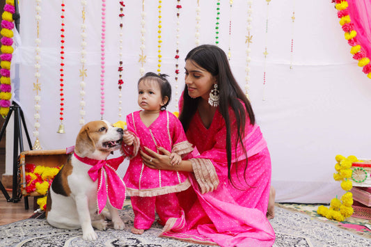 Pink Bandhani Kurta Bow Twinning Set