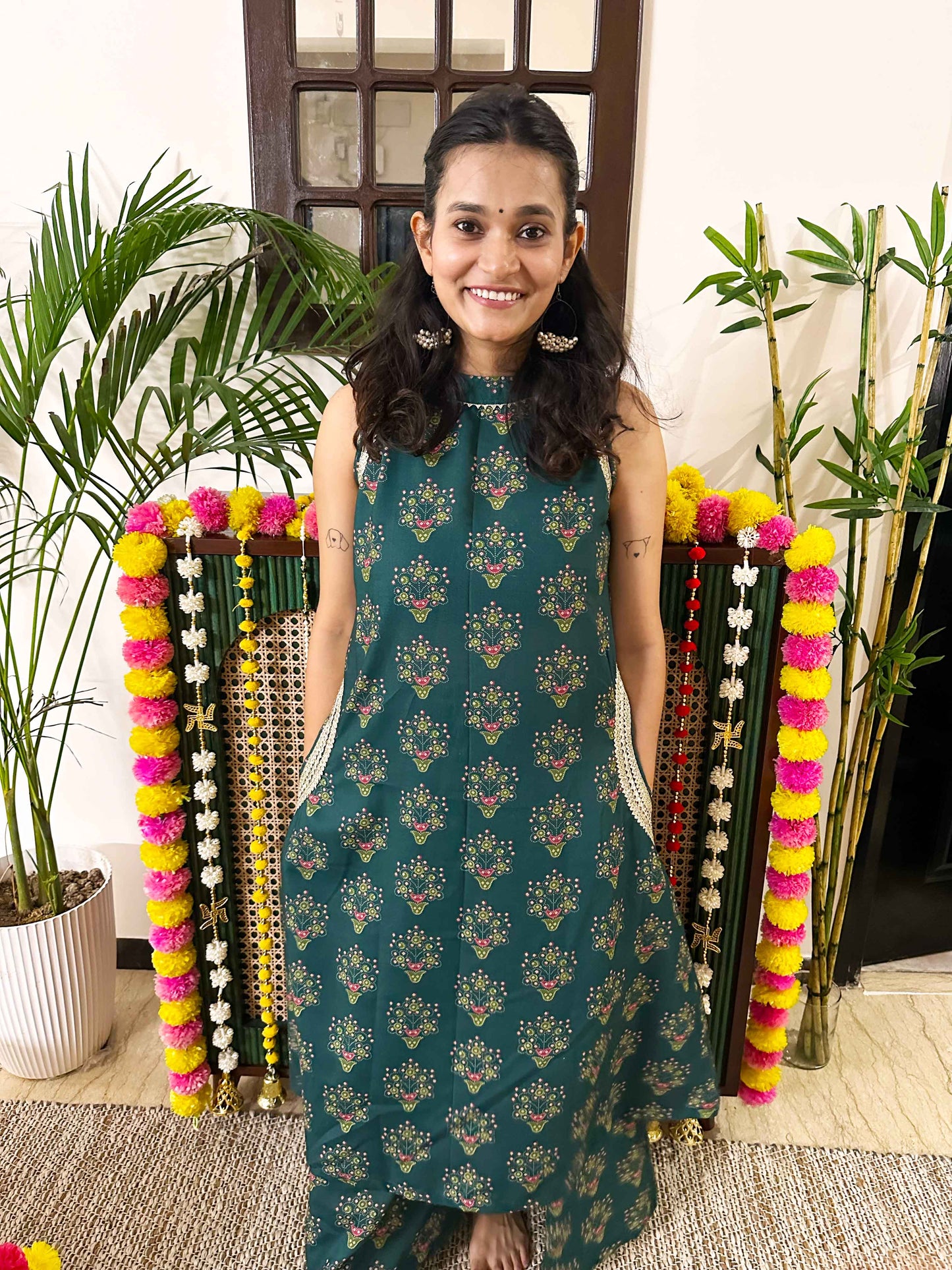 Green Floral Halter Neck Kurta Set