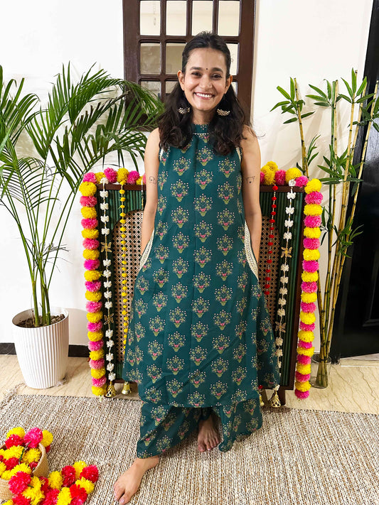 Green Floral Halter Neck Kurta Set