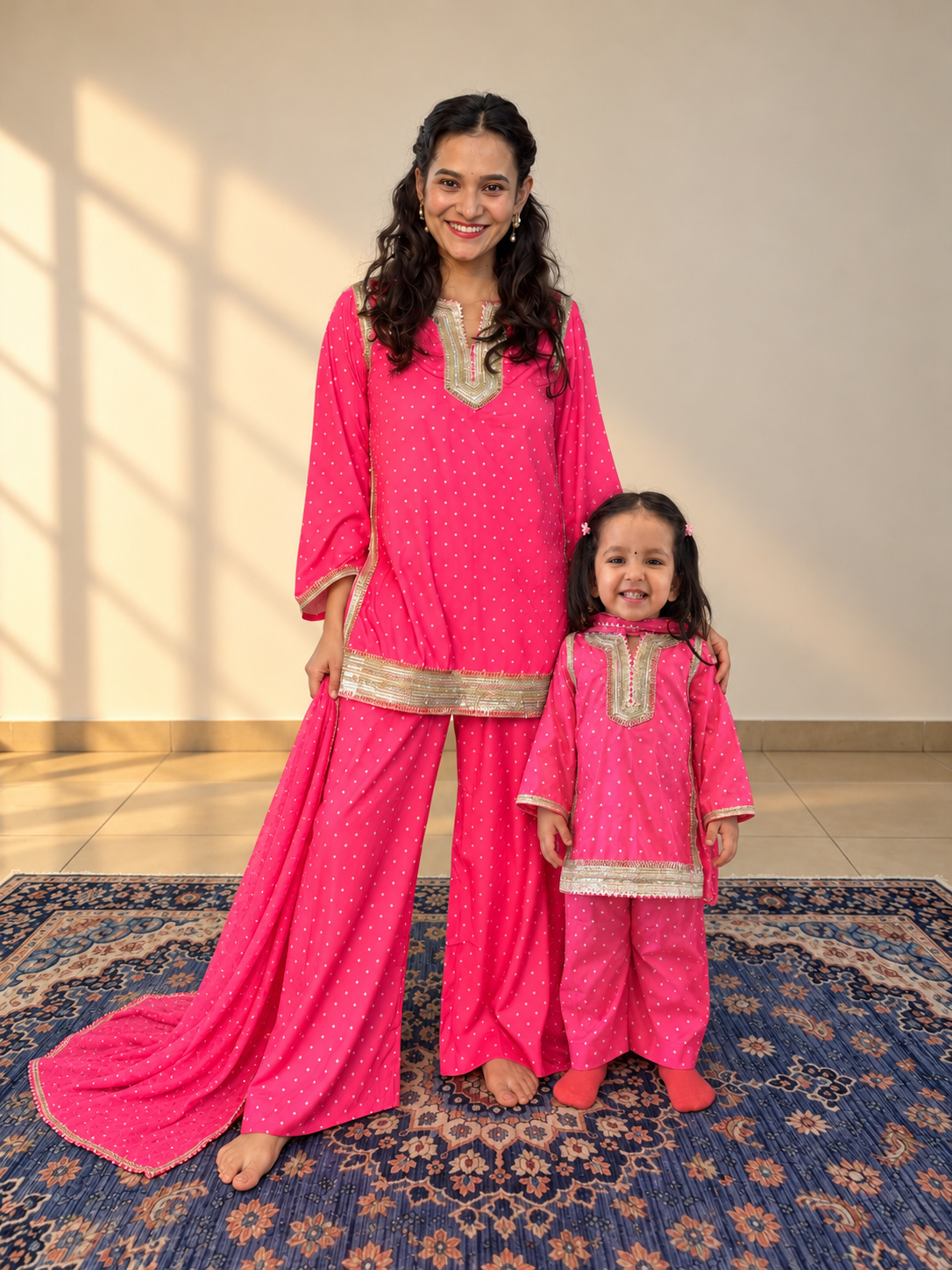 Pink Bandhani Short Kurta Twinning set