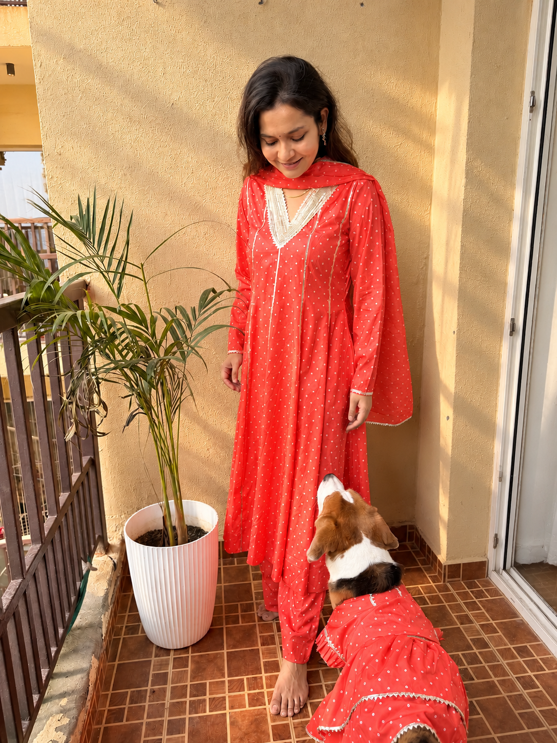 Orange Bandhani Anarkali Dress Twinning set