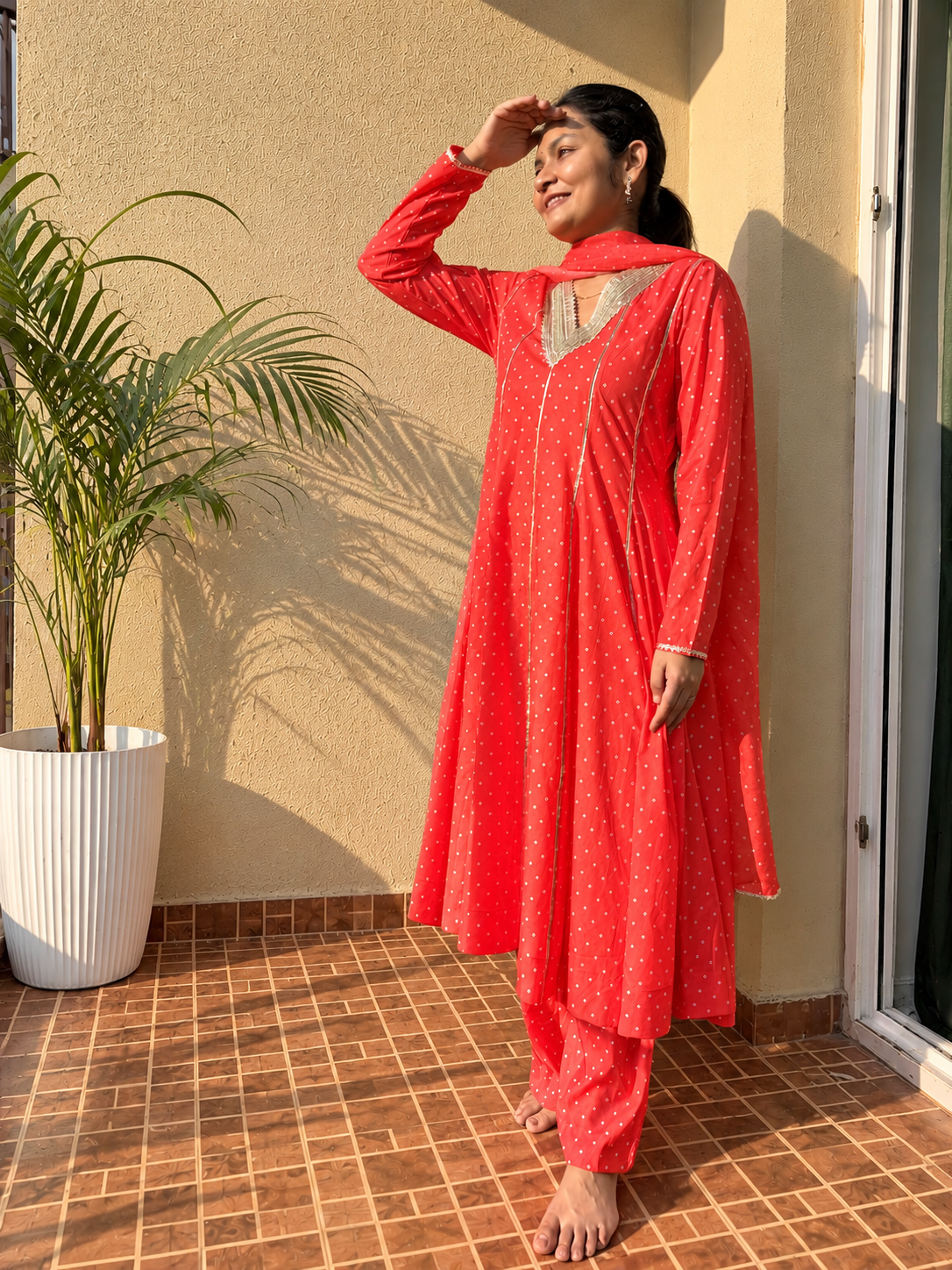 Orange Bandhani Anarkali Dress Twinning set