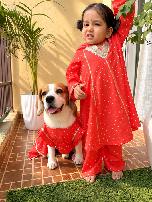 Orange Bandhani Anarkali Dress Twinning set