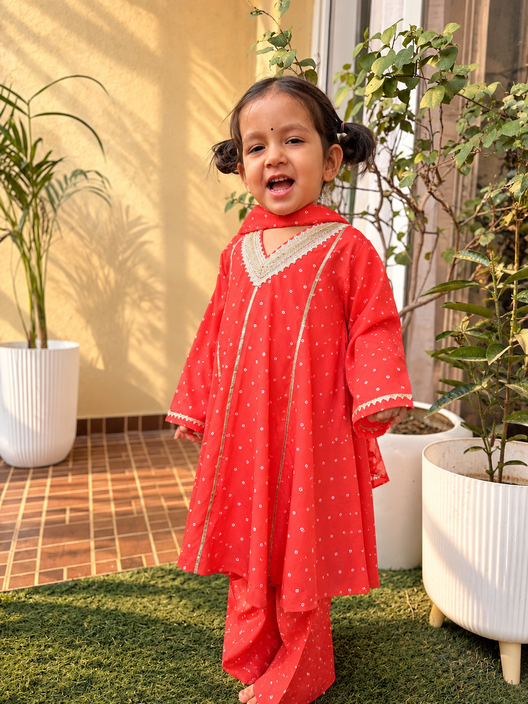 Orange Bandhani Anarkali Dress Twinning set