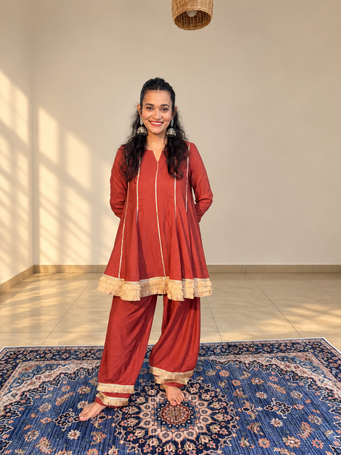 Red Anarkali Harness Twinning set