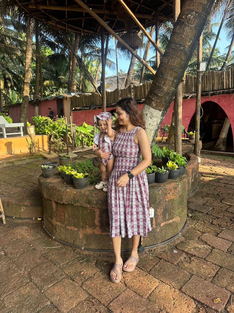 Red Checked Rushed Dress Twinning Set